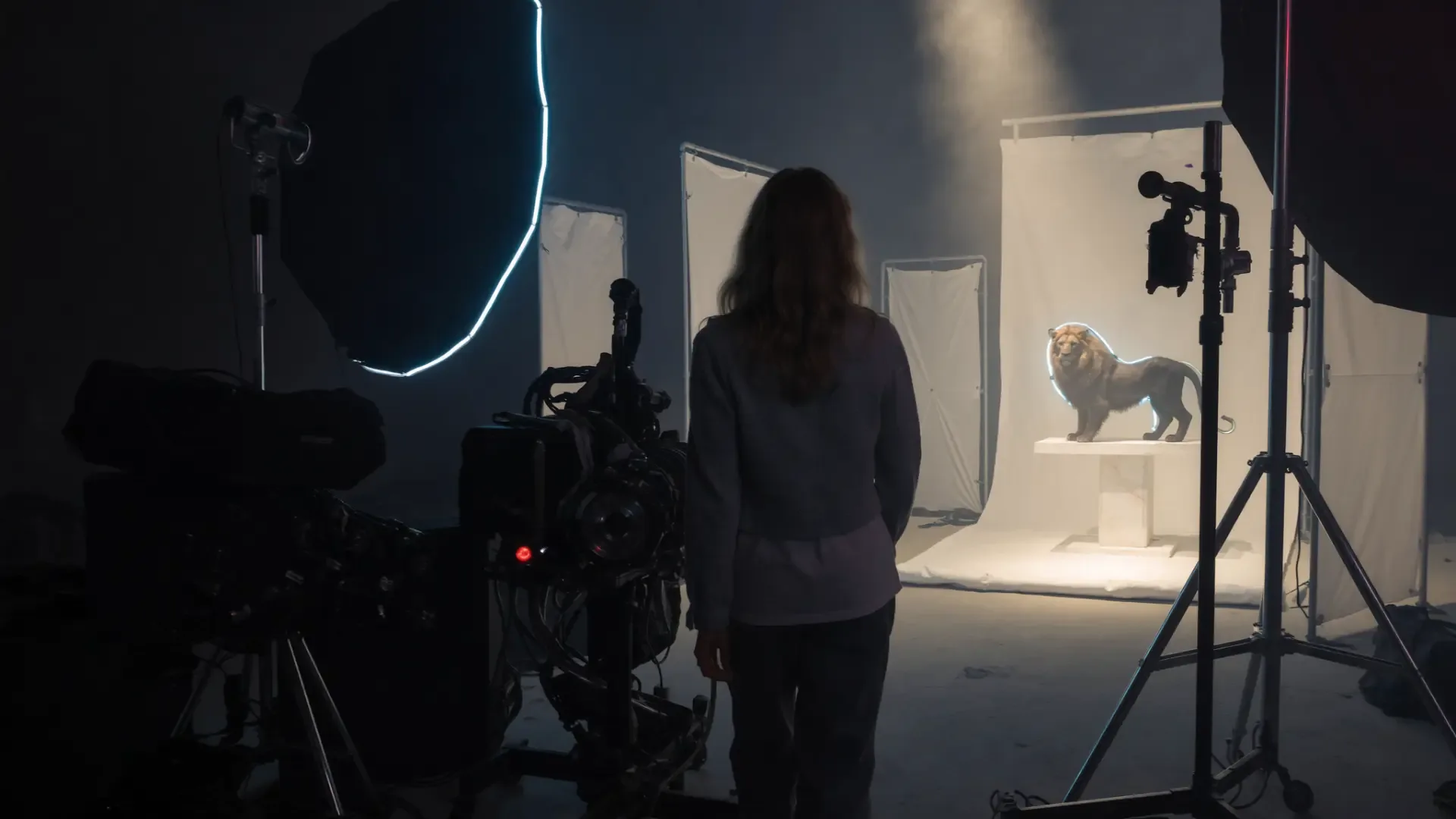 Filmset mit Kamera, Softbox und angestrahlter Löwenfigur im Nebel