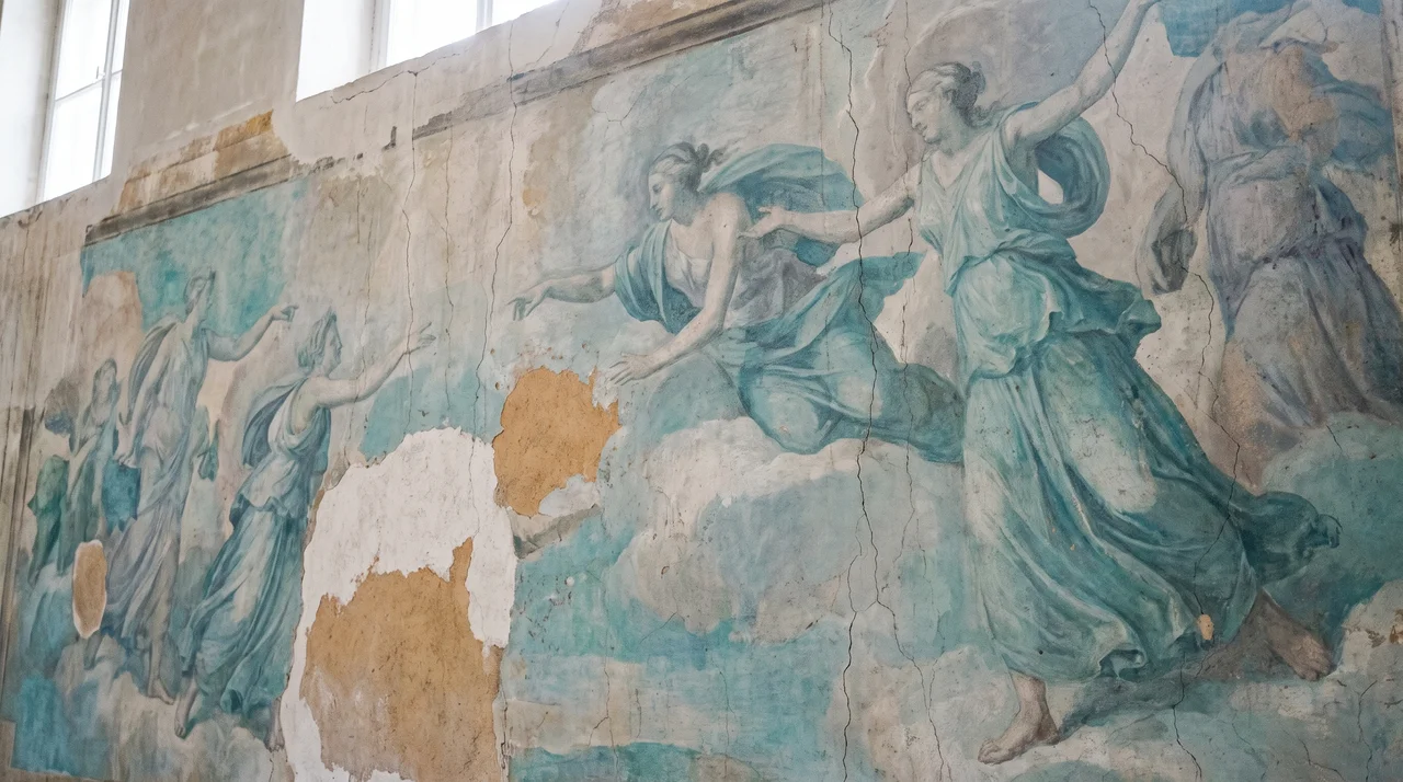 Detail eines blaugrünen Freskos mit bewegten Figuren im Seitenlicht