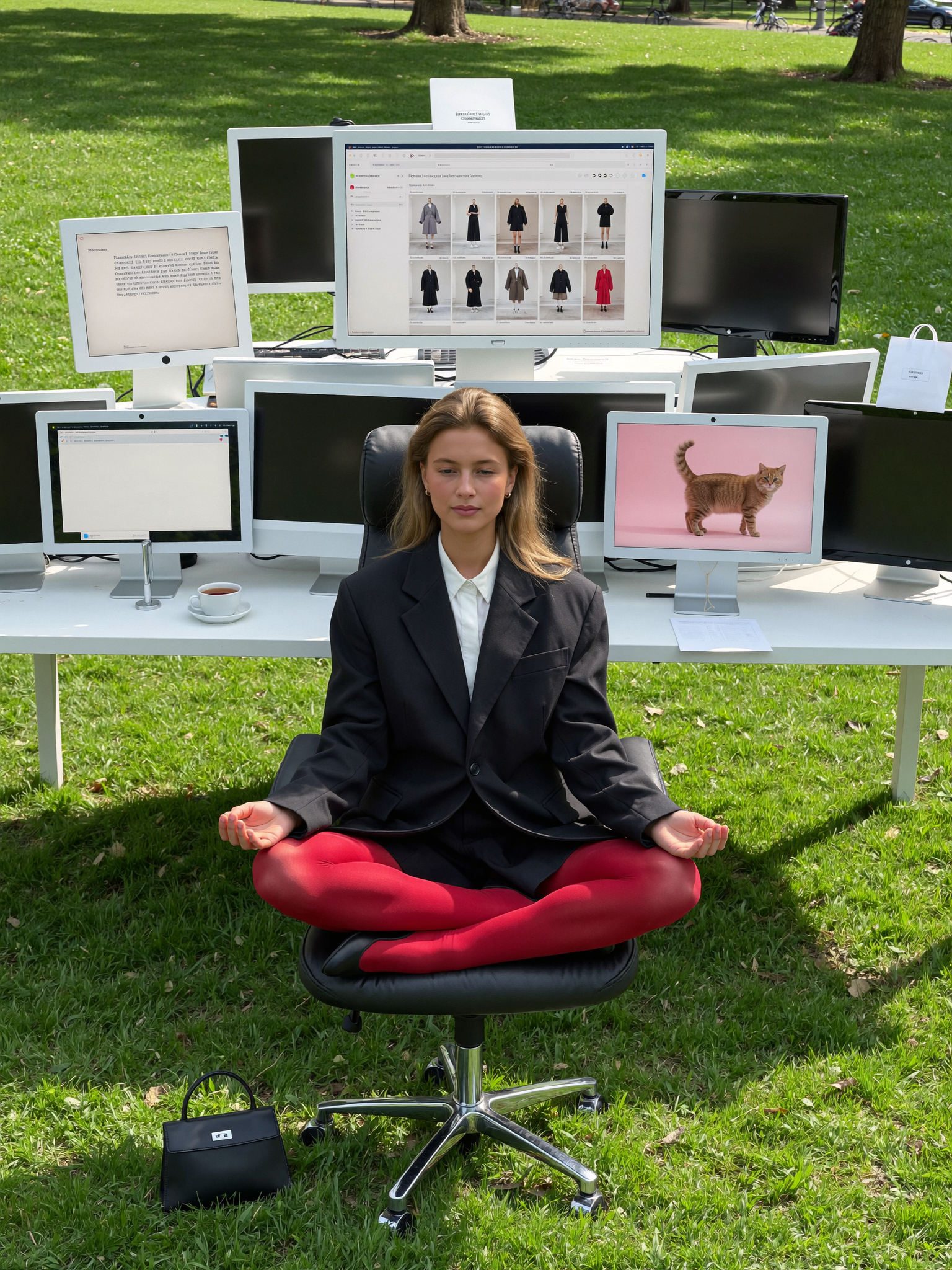 Julia Grüner sitzt im Schneidersitz auf einem Bürostuhl vor zahlreichen Monitoren und Bildschirmen in einer grünen Parklandschaft.
